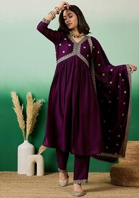 Magenta Sequin Embroidered Chinon Salwar Kameez With Dupatta
