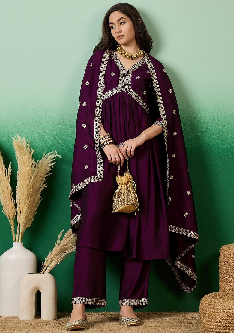 Magenta Sequin Embroidered Chinon Salwar Kameez With Dupatta