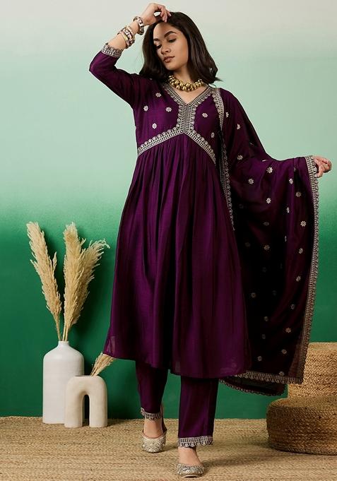 Magenta Sequin Embroidered Chinon Salwar Kameez With Dupatta