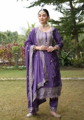 Purple Embroidererd Chinon Salwar Kameez With Dupatta