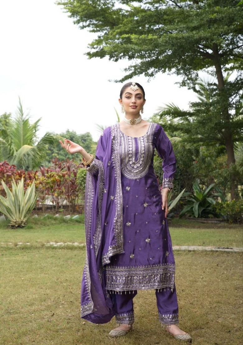 Purple Embroidererd Chinon Salwar Kameez With Dupatta