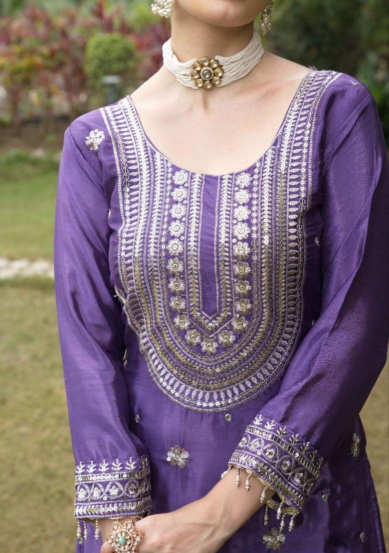 Purple Embroidererd Chinon Salwar Kameez With Dupatta