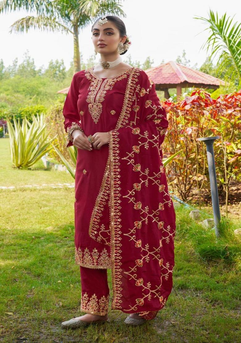Red Embroidererd Chinon Salwar Kameez With Dupatta