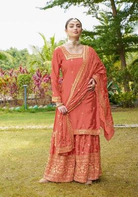 Orange Embroidererd Chinon Sharara Set With Dupatta