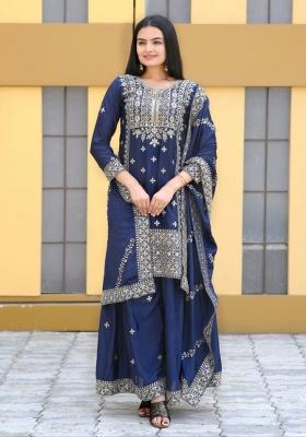 Blue Embroidererd Chinon Salwar Kameez With Dupatta