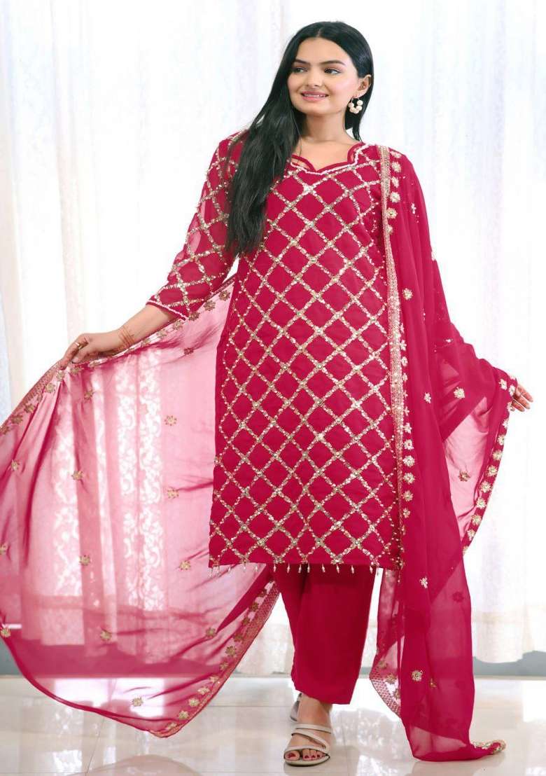 Pink Embroidererd Georgette Salwar Kameez With Dupatta - Indya