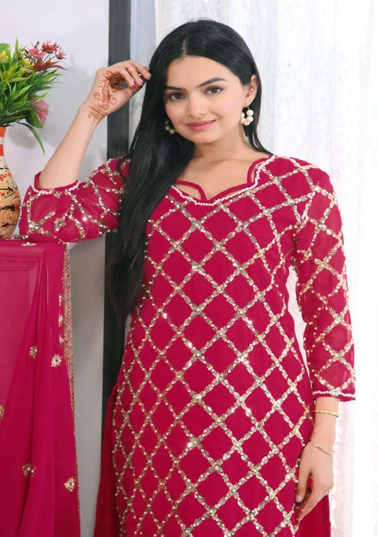 Pink Embroidererd Georgette Salwar Kameez With Dupatta - Indya
