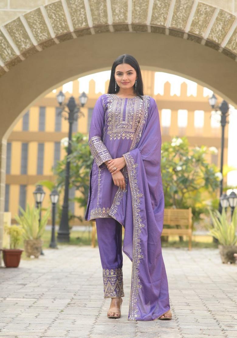 Purple Embroidererd Chinon Salwar Kameez With Dupatta