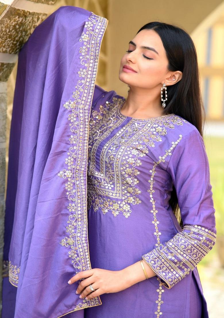 Purple Embroidererd Chinon Salwar Kameez With Dupatta