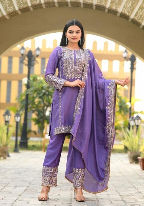 Purple Embroidererd Chinon Salwar Kameez With Dupatta