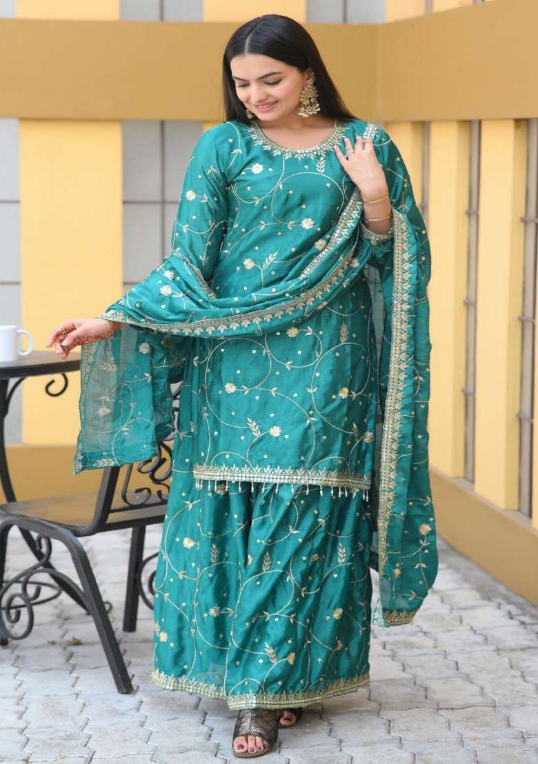 Rama Green Embroidered Chinon Sharara Set - Indya