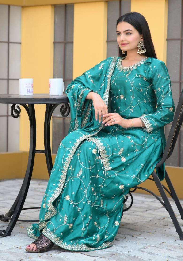 Rama Green Embroidered Chinon Sharara Set - Indya