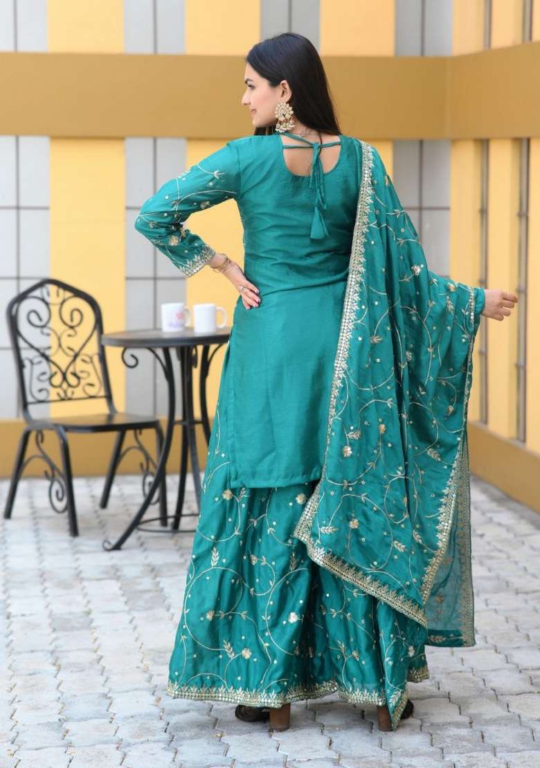 Rama Green Embroidered Chinon Sharara Set - Indya