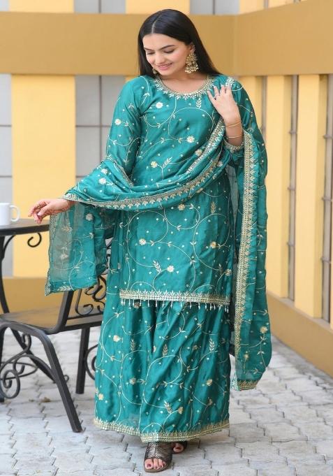 Rama Green Embroidererd Chinon Sharara Set With Dupatta