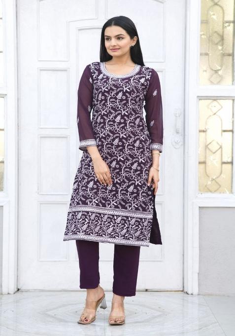 Wine Embroidererd Georgette Salwar Kameez