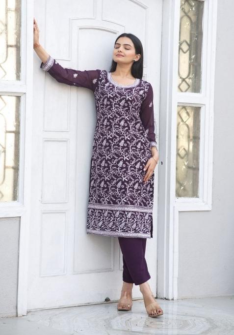 Wine Embroidererd Georgette Salwar Kameez