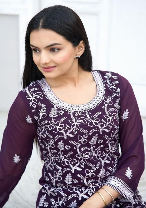 Wine Embroidererd Georgette Salwar Kameez