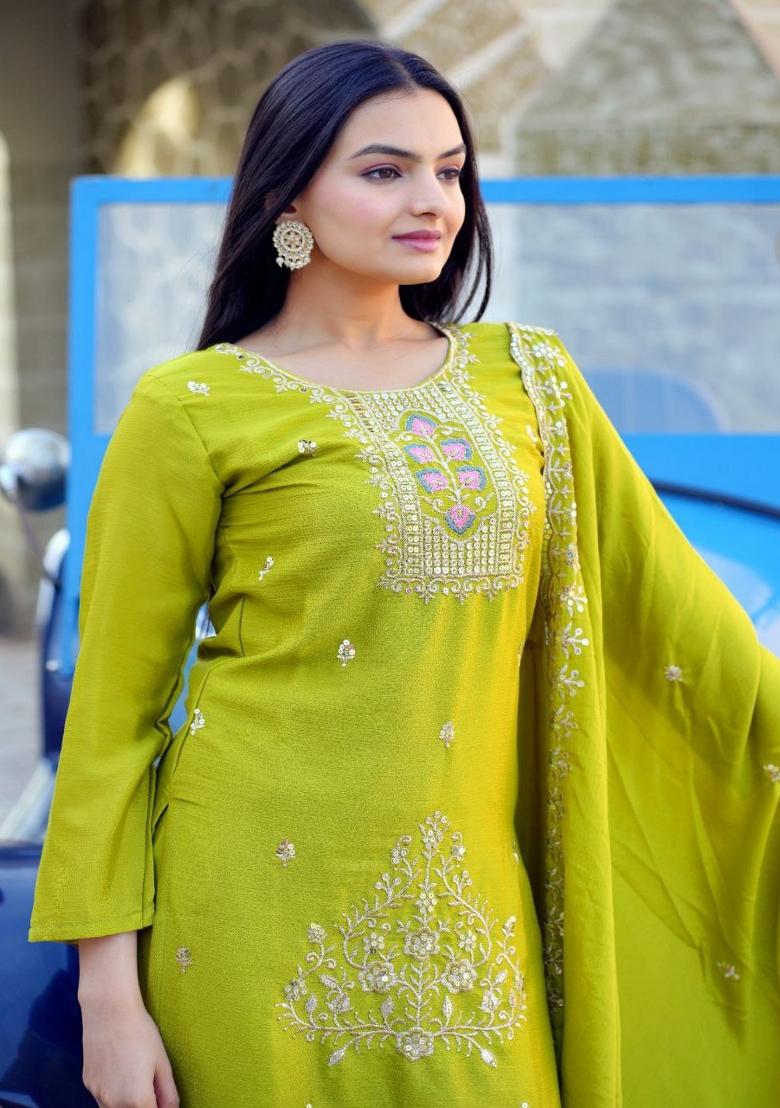 Lime Yellow Embroidererd Chinon Salwar Kameez With Dupatta