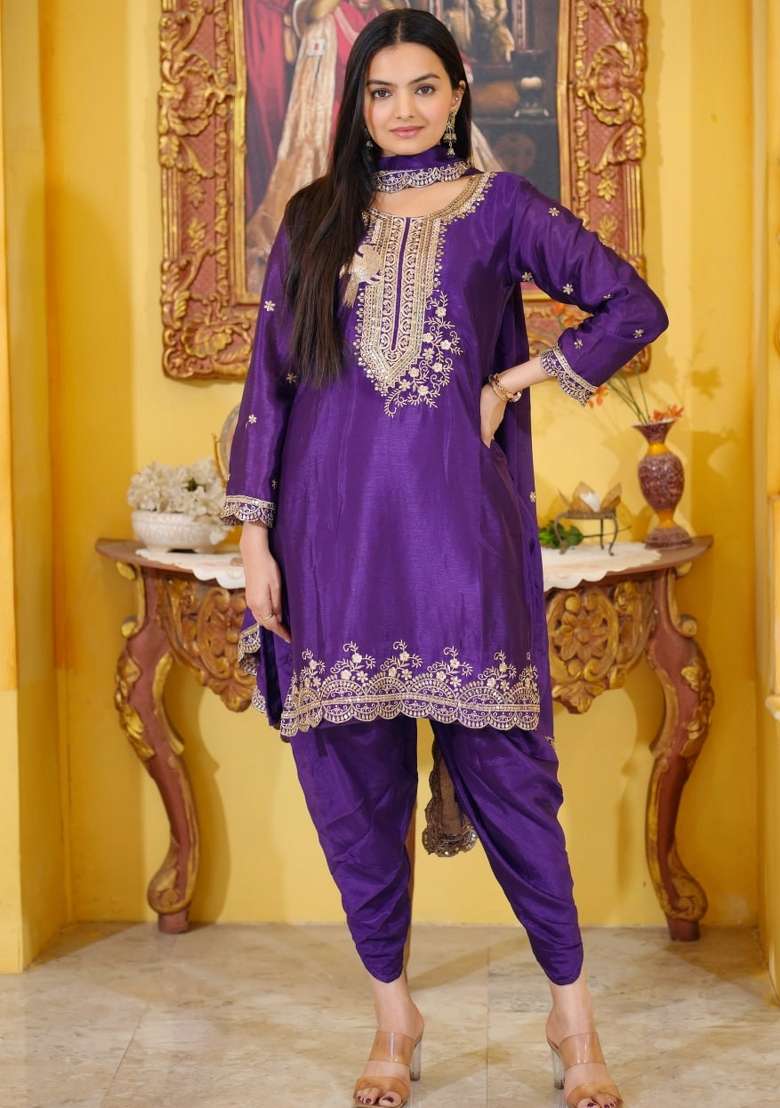 Purple Embroidered Chinon Punjabi Suit - Indya