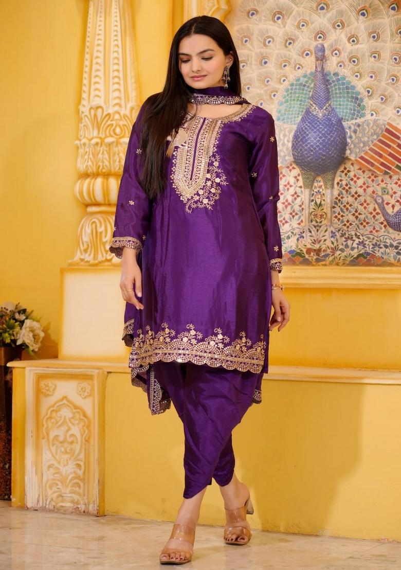 Purple Embroidererd Chinon Salwar Kameez With Dupatta
