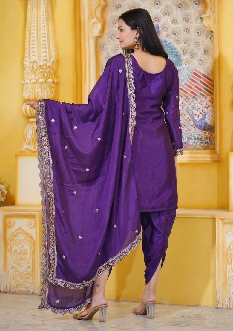 Purple Embroidered Chinon Punjabi Suit - Indya