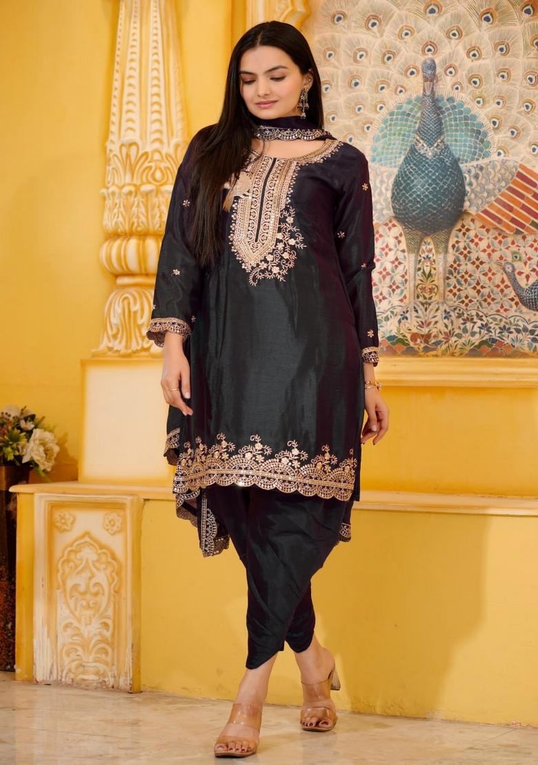 Black Embroidererd Chinon Salwar Kameez With Dupatta