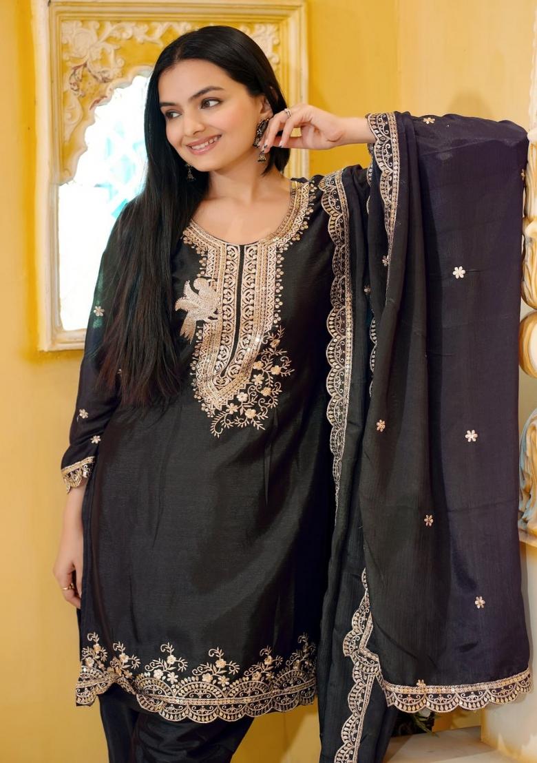Black Embroidererd Chinon Salwar Kameez With Dupatta