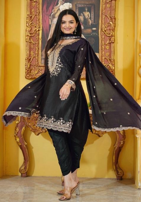 Black Embroidererd Chinon Salwar Kameez With Dupatta