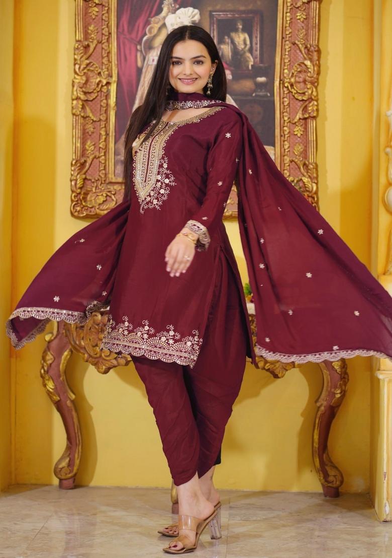 Maroon Embroidererd Chinon Salwar Kameez With Dupatta