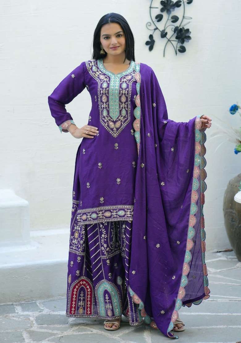 Wine Embroidered Chinon Sharara Set - Indya