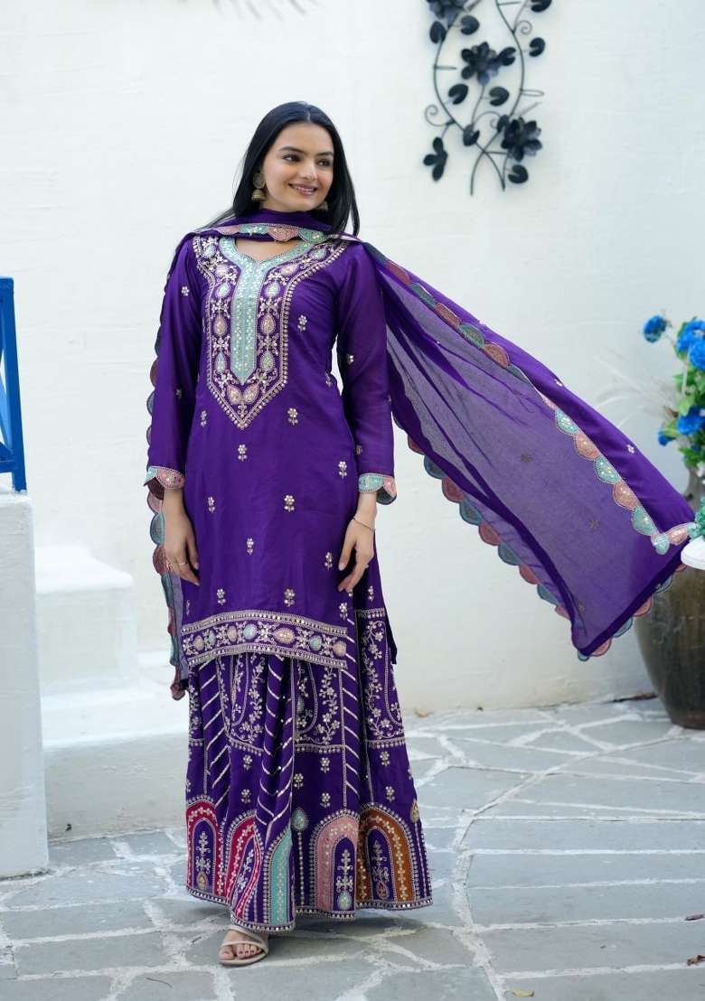 Wine Embroidered Chinon Sharara Set - Indya