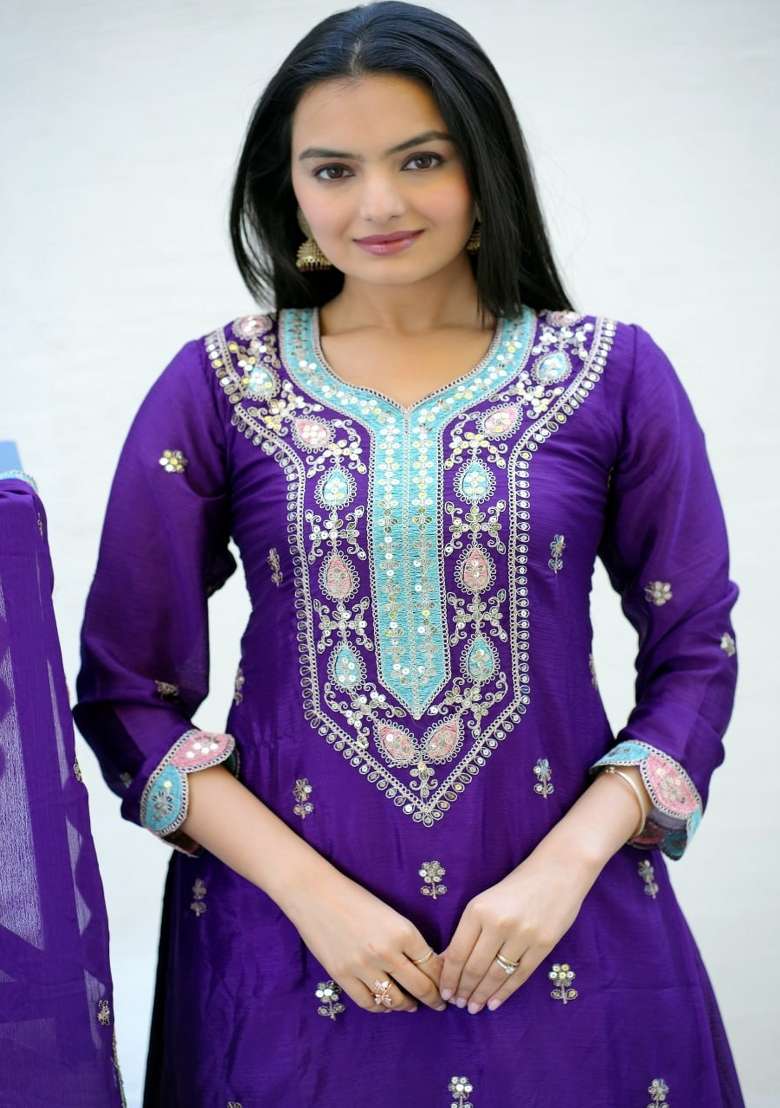 Wine Embroidered Chinon Sharara Set - Indya