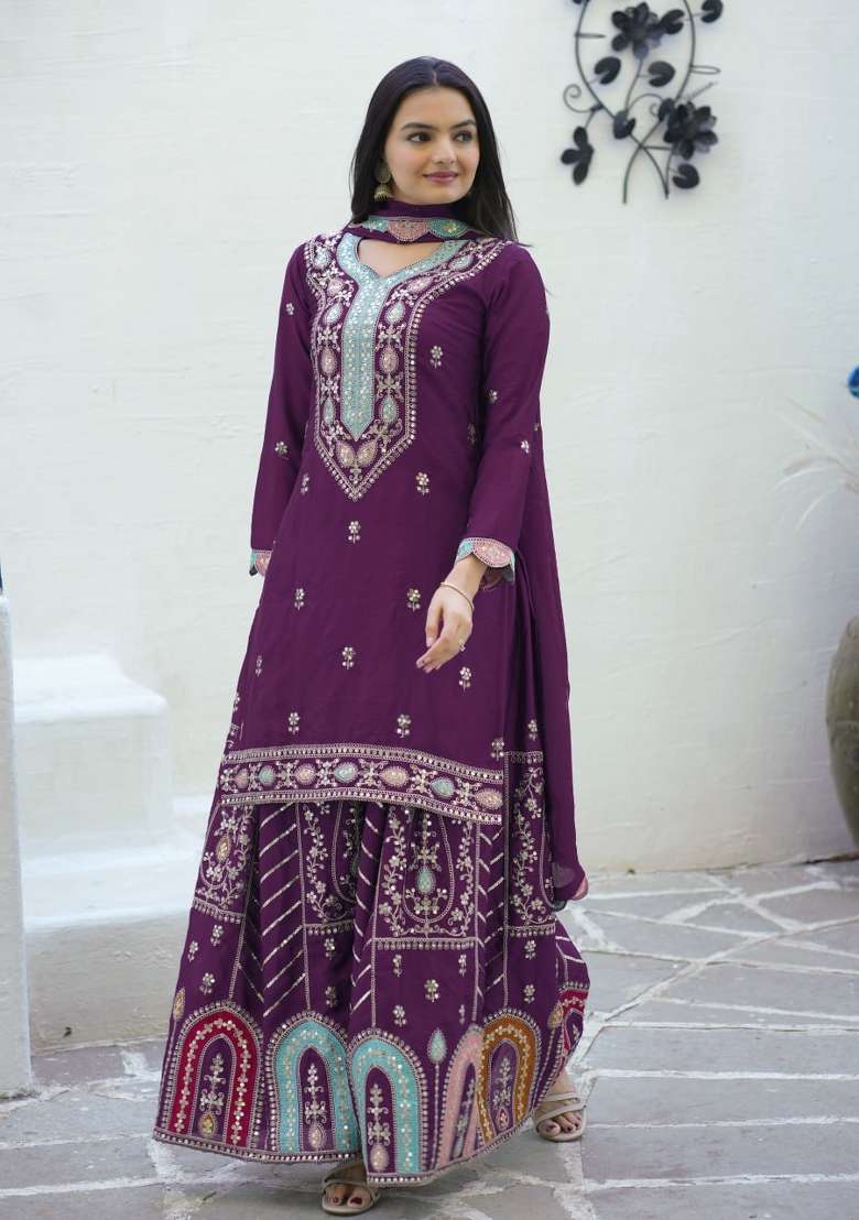 Purple Embroidered Chinon Sharara Set - Indya