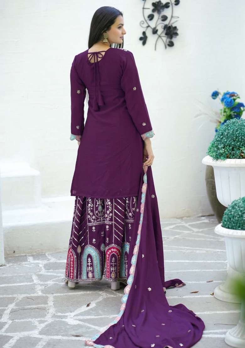 Purple Embroidered Chinon Sharara Set - Indya