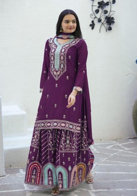 Purple Embroidererd Chinon Sharara Set With Dupatta