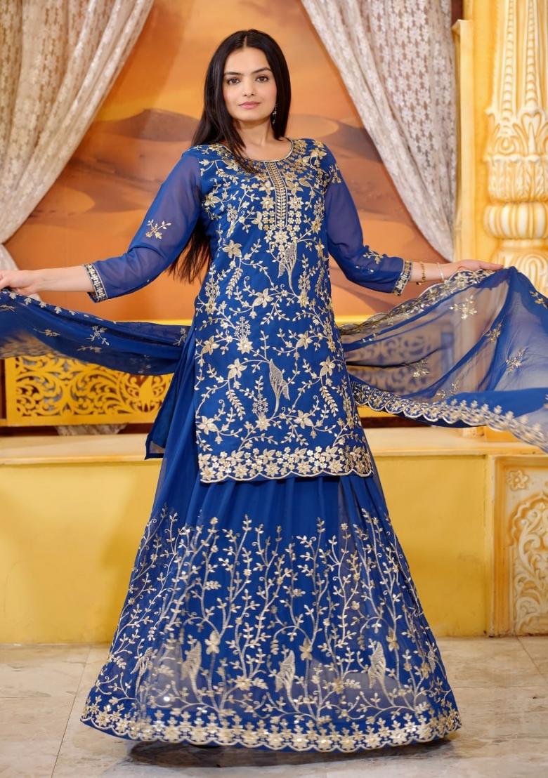 Blue Embroidererd Georgette Sharara Set With Dupatta