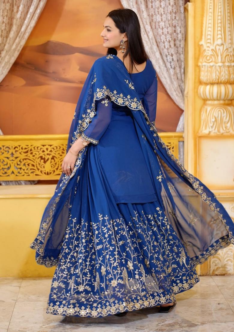 Blue Embroidererd Georgette Sharara Set With Dupatta