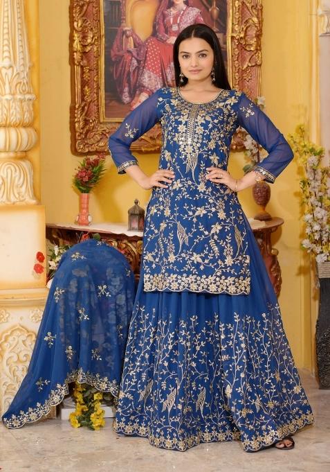 Blue Embroidererd Georgette Sharara Set With Dupatta