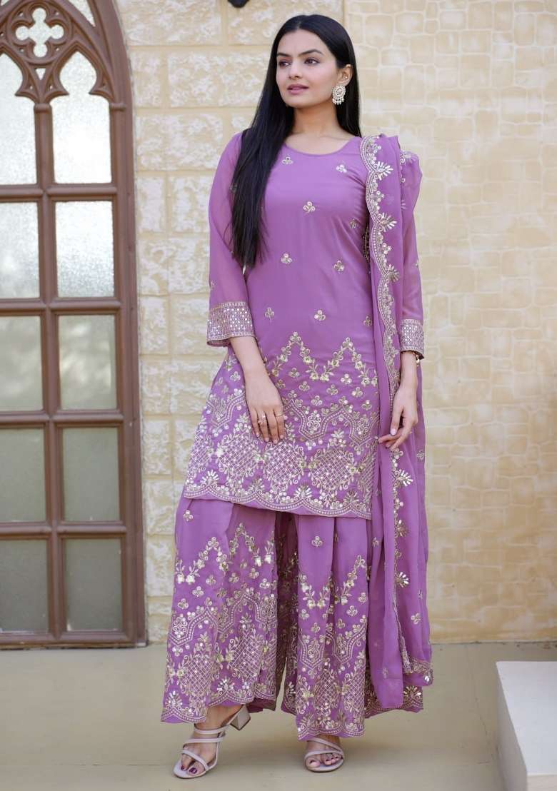 Onion Pink Embroidered Georgette Sharara Set - Indya