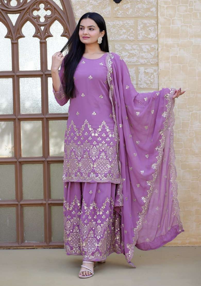Onion Pink Embroidered Georgette Sharara Set - Indya
