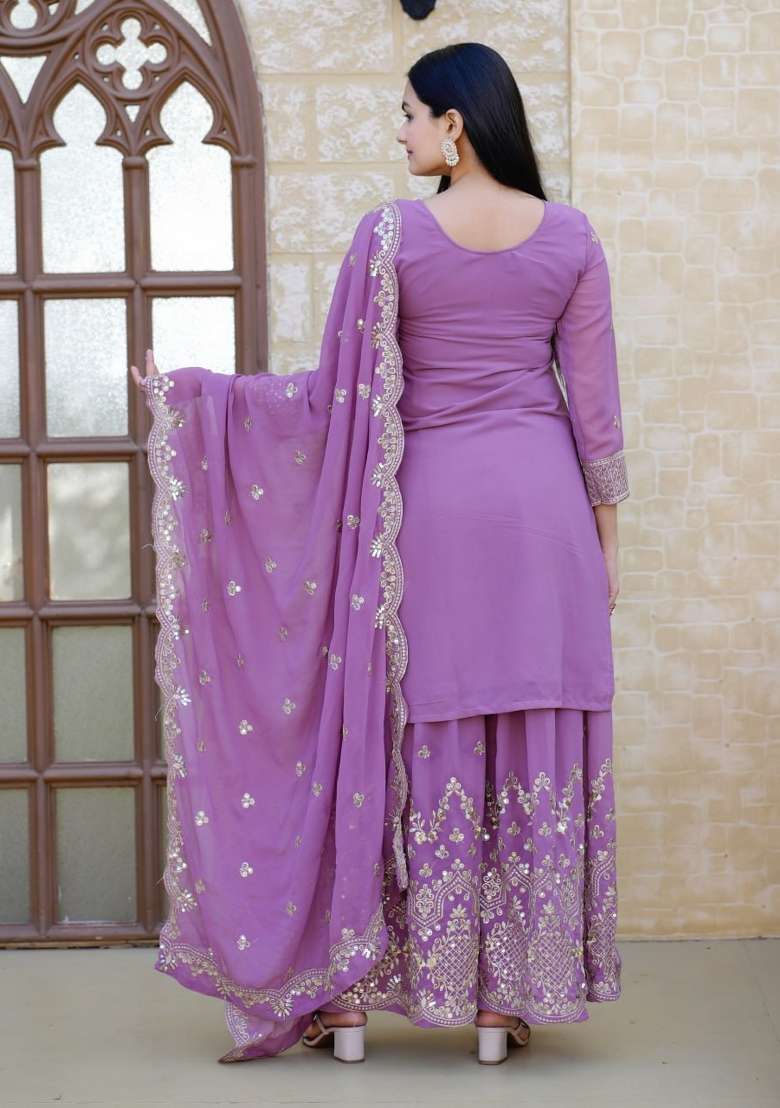 Onion Pink Embroidered Georgette Sharara Set - Indya