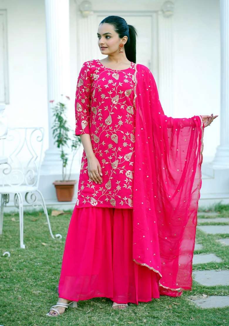Rani Pink Embroidered Georgette Sharara Set - Indya