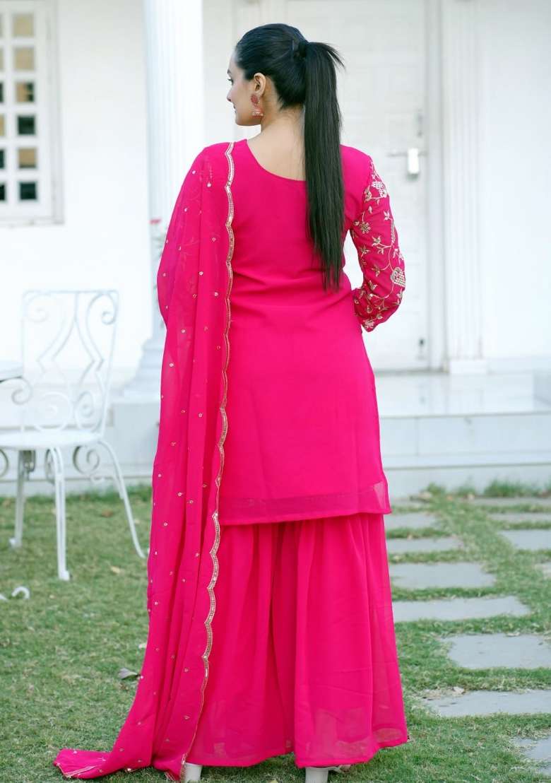 Rani Pink Embroidered Georgette Sharara Set - Indya