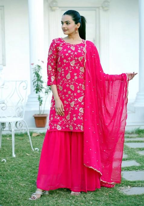 Rani Pink Embroidererd Georgette Sharara Set With Dupatta