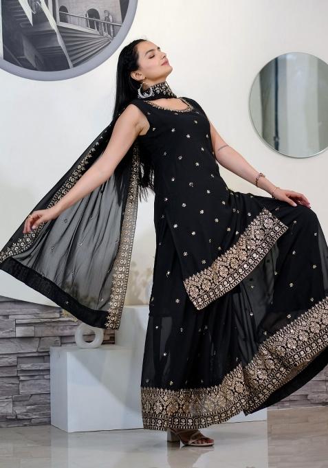 Black Embroidererd Georgette Sharara Set With Dupatta