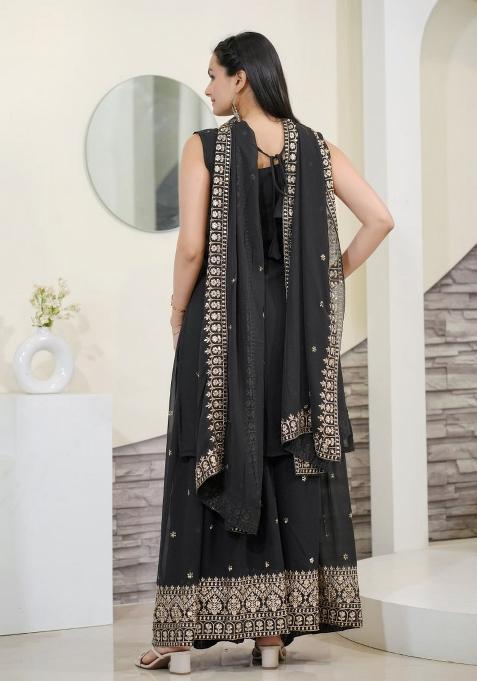 Black Embroidererd Georgette Sharara Set With Dupatta