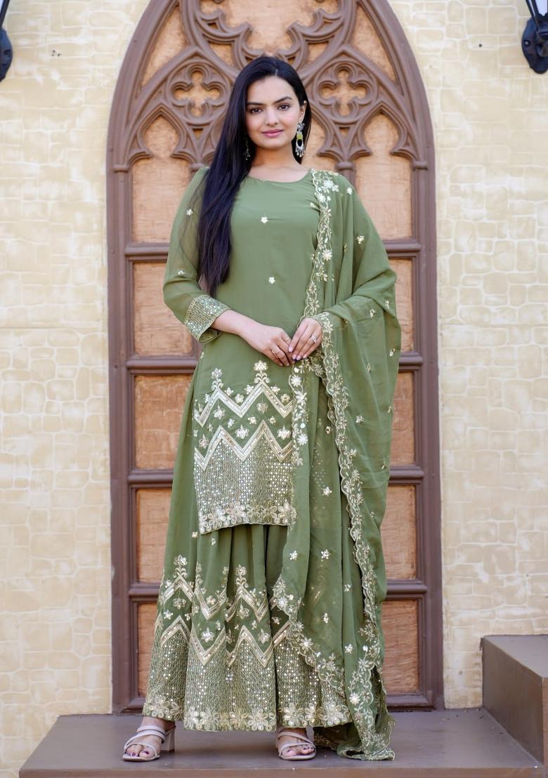 Pista Green Embroidererd Georgette Sharara Set With Dupatta
