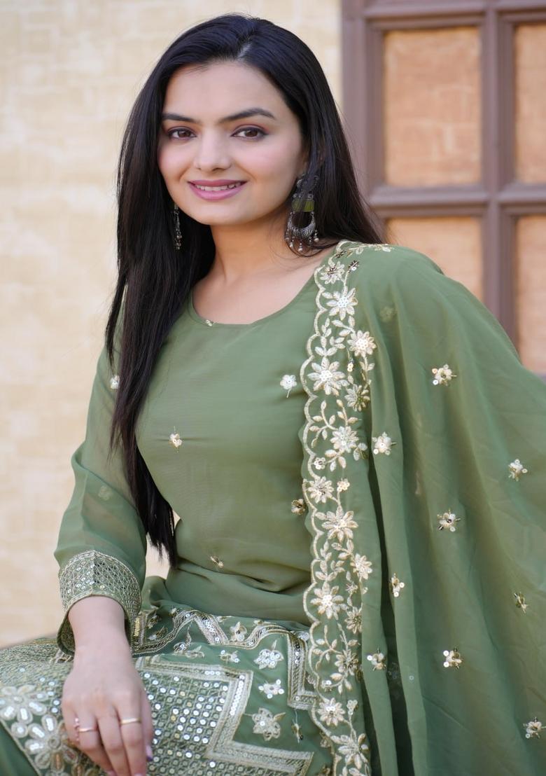 Pista Green Embroidererd Georgette Sharara Set With Dupatta