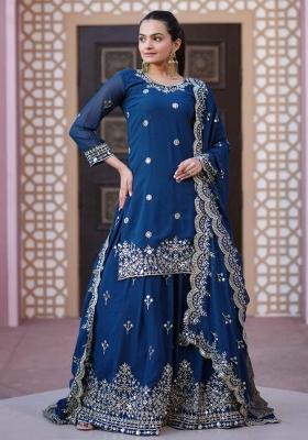 Petrol Blue Embroidererd Georgette Lehenga Set With Dupatta