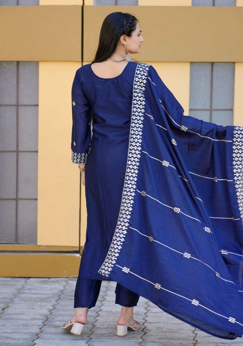 Blue Embroidered Chinon Straight Kurta Set - Indya